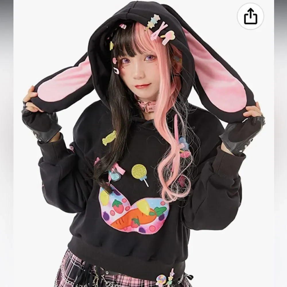 Micotaku Pullover Bunny Ear Hoodie Detachable Bag Furry Cat Paw Design Gloves XL